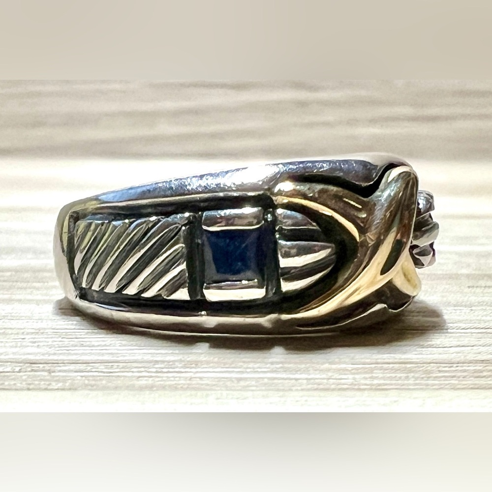 Designer Signed AZ Sterling Silver & 18k Yellow Gold Sapphire Ring, Size 6.5 - Picture 7 of 12